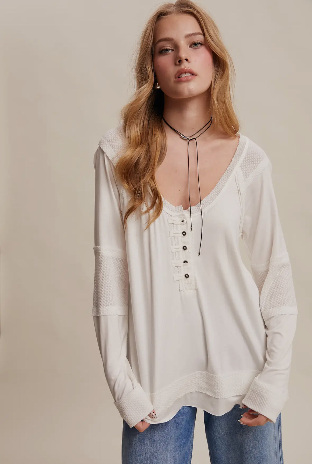 Textured panel button Henley top