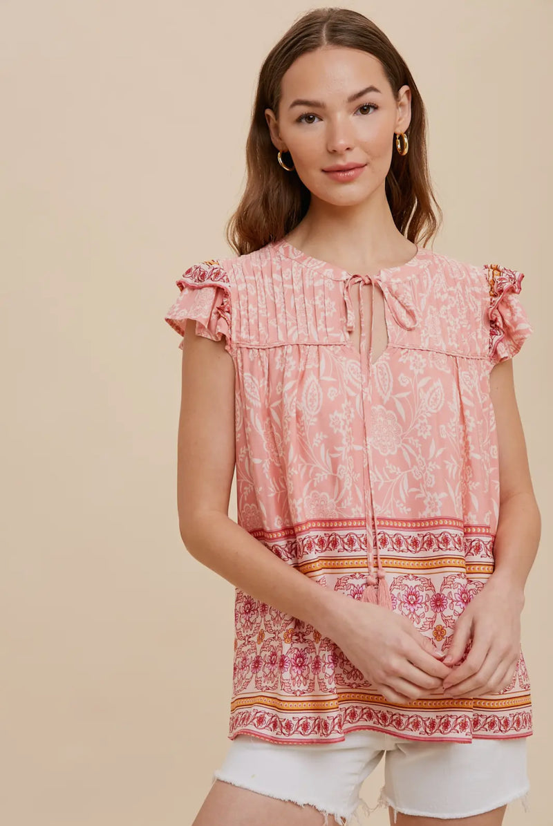 Border print floral ruffles sleeve top