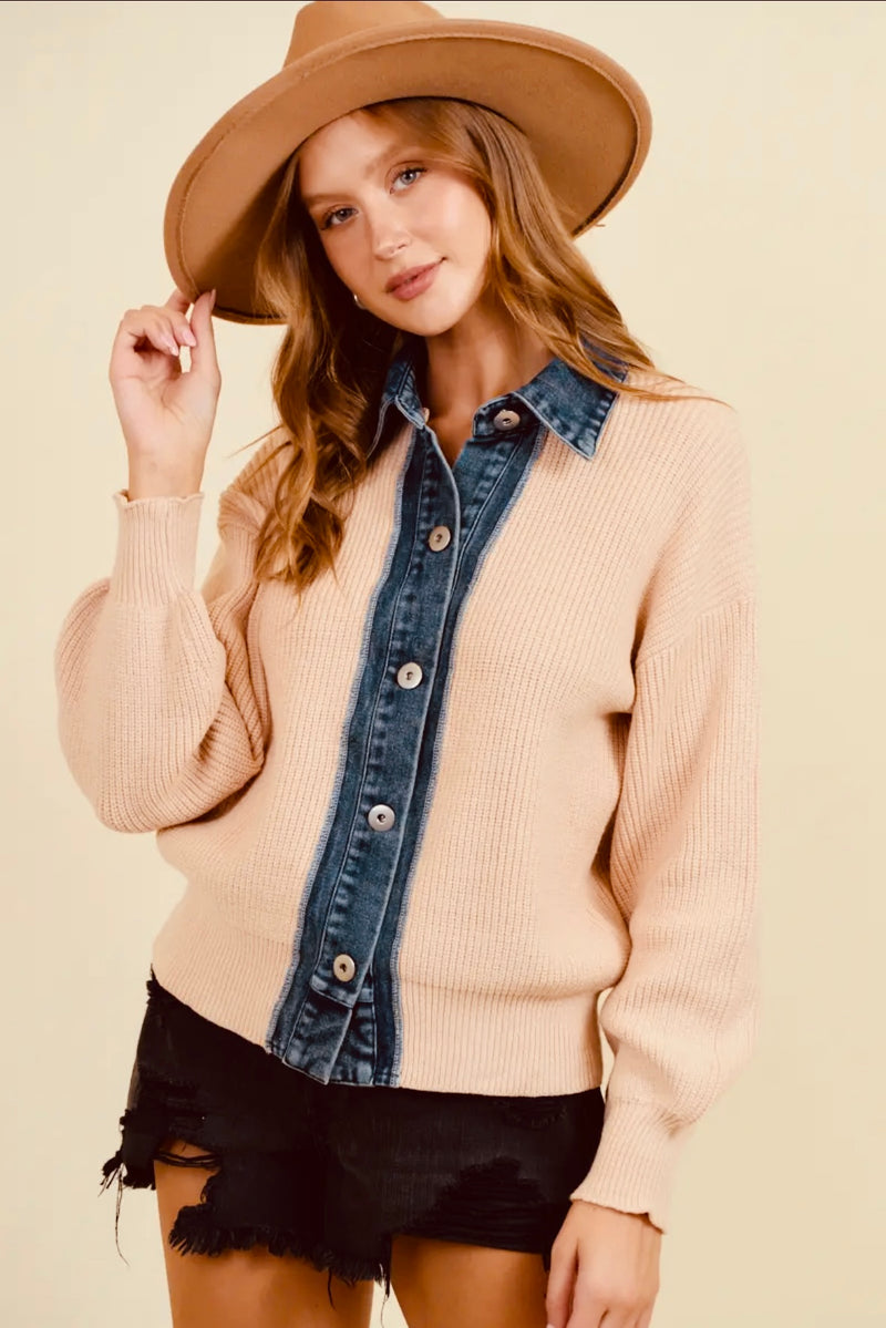 Denim contrast cardigan rib sweater.