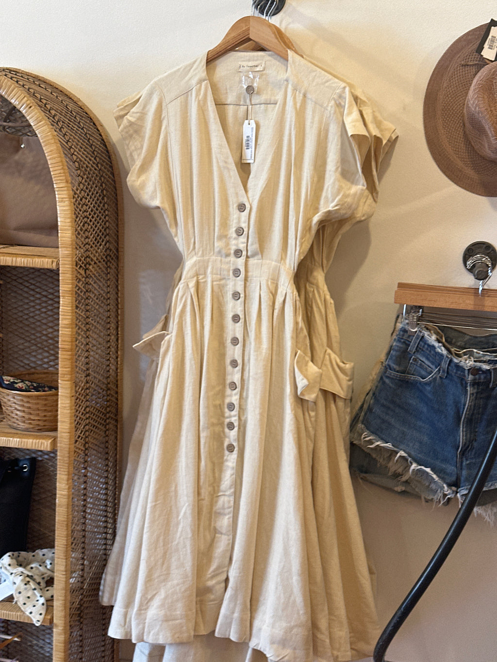 Woven linen cotton v neck midi dress