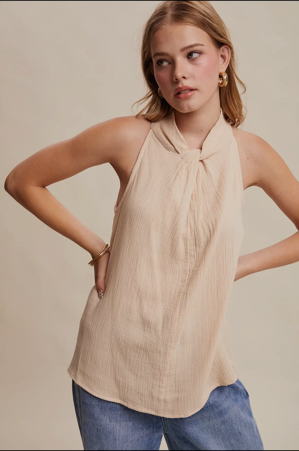 Textured twist neck top