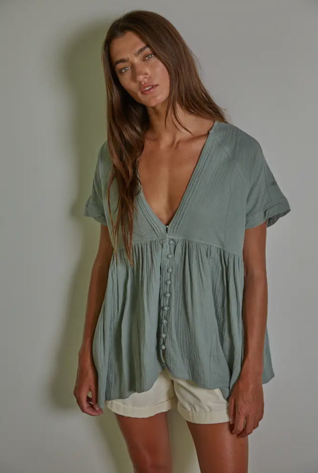 Cotton gauze plunged v neck button top