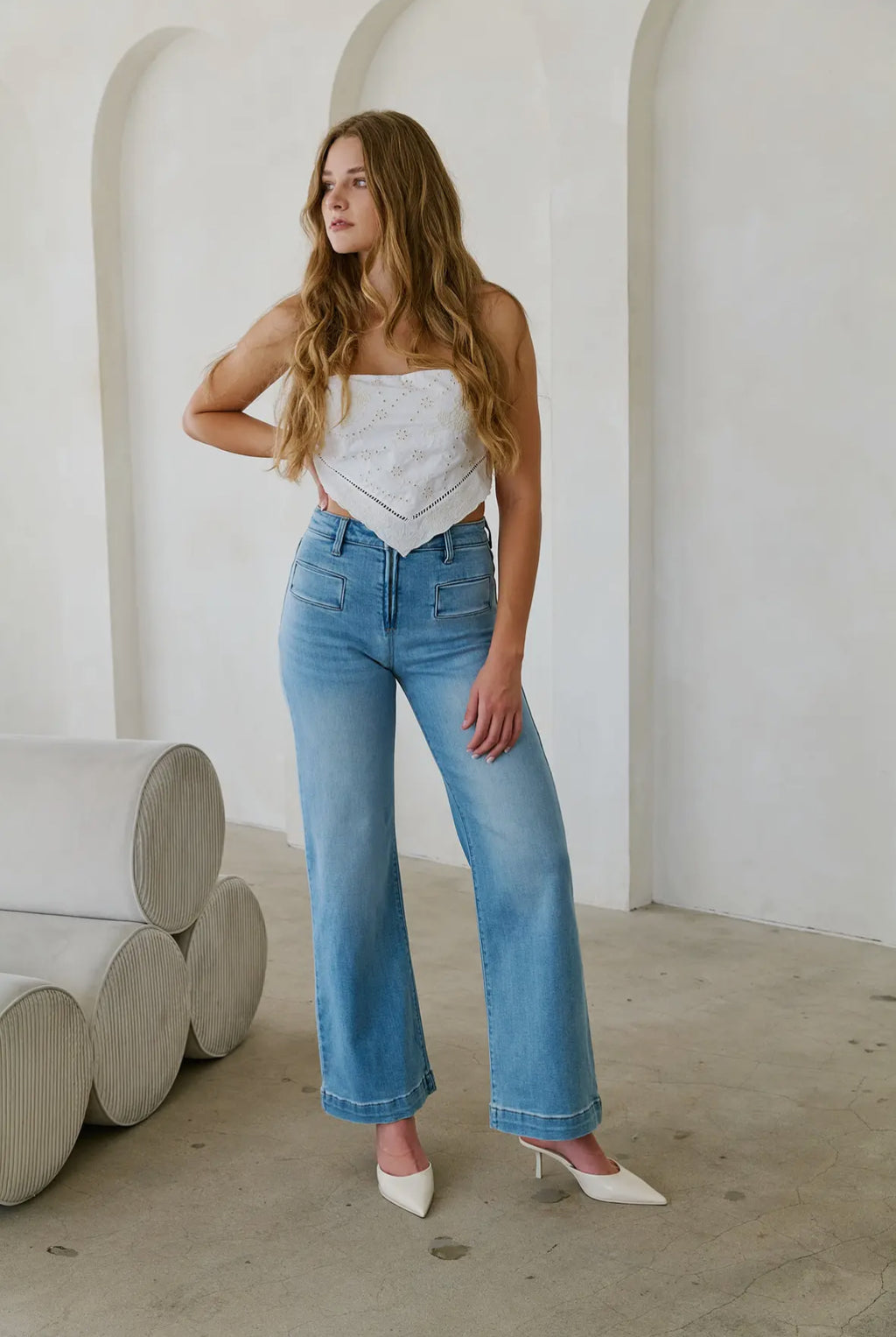 Eco fabric high rise front pocket flare jeans