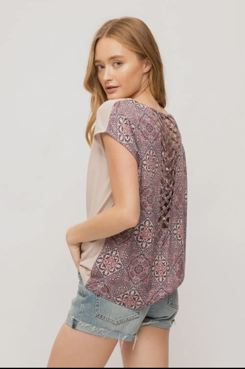 Cap sleeve top with printed back