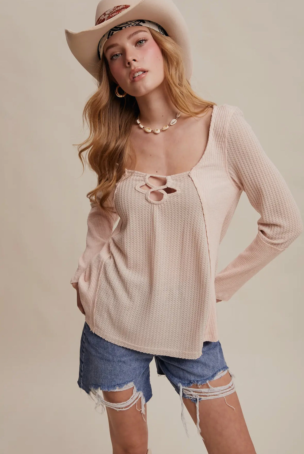 Waffle knit cutout long sleeve top