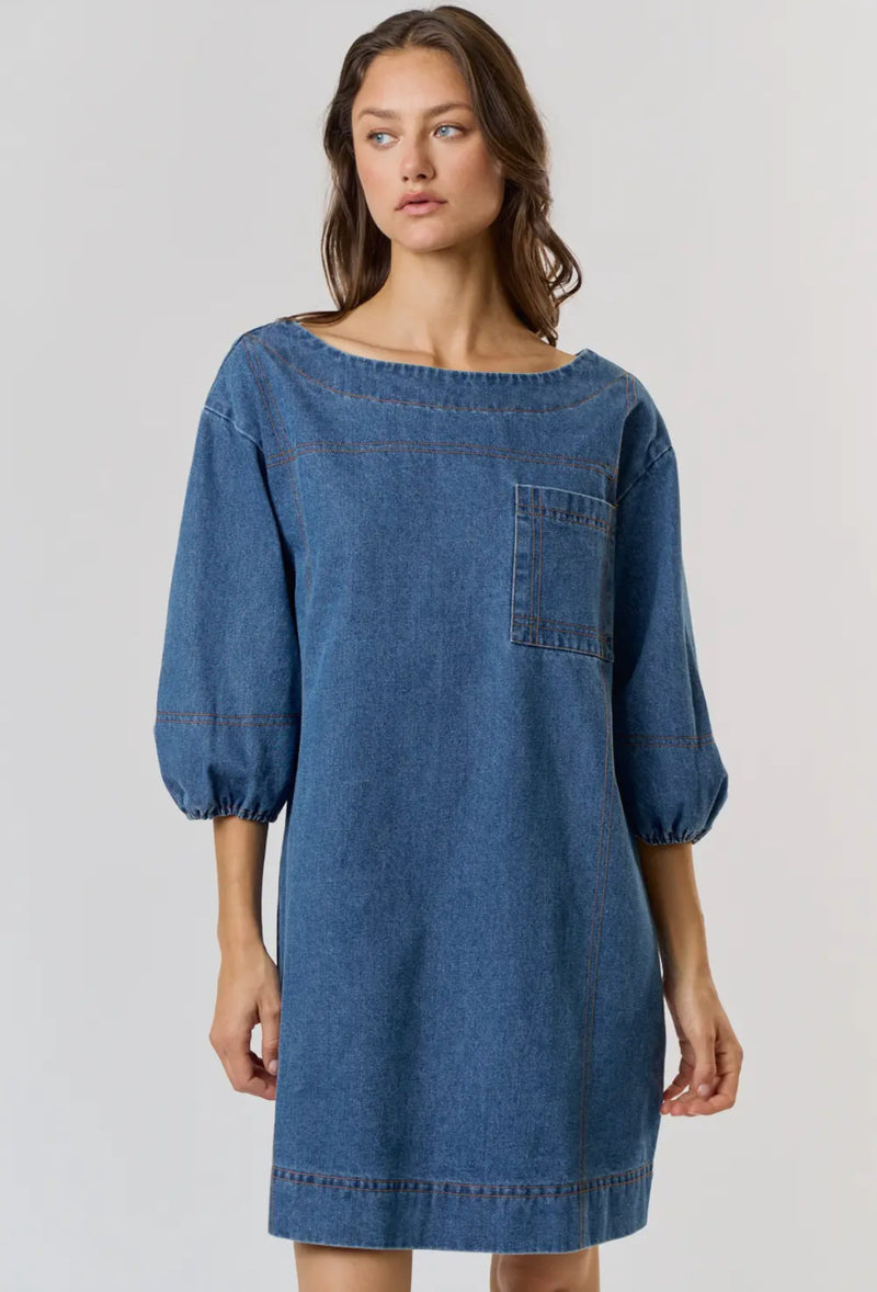 denim boat neck half puff sleeve mini dress