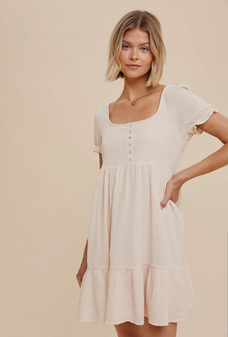Cotton gauze babydoll short sleeve Henley dress