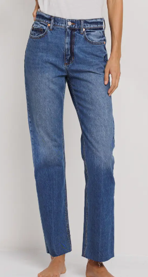High Rise Slim Straight Jeans with Scissor Cut Hem