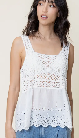 Square Neck Crochet Eyelet Tank Top