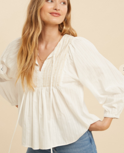 SELF TIE V NECK EMBROIDERED BLOUSE