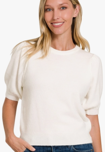 Melange Puff Short Sleeve Round Neck Sweater