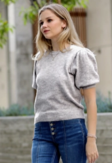 Melange Puff Short Sleeve Round Neck Sweater