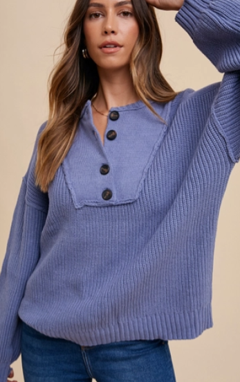 Button Up Henry Neck Rib Sweater Top