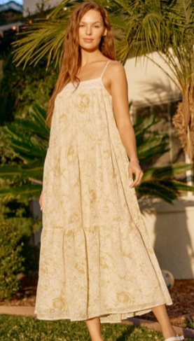 Flower Print Lace Detail Tiered Maxi Dres