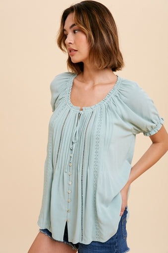 Ruffled Lace Inset Trim Button Top