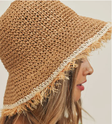 Handmade Frayed Crochet Foldable Straw Bucket Hat